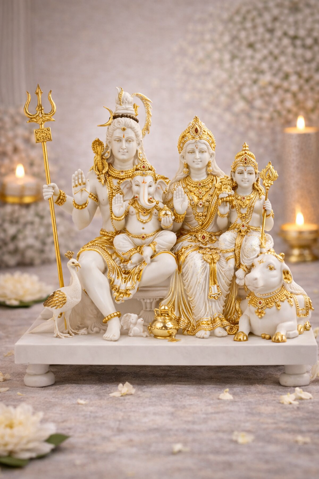 Shiv Parivar Idol in White & Gold Finish – Lord Shiva Parvati Ganesh Kartikeya Statue for Home Mandir & Pooja Room