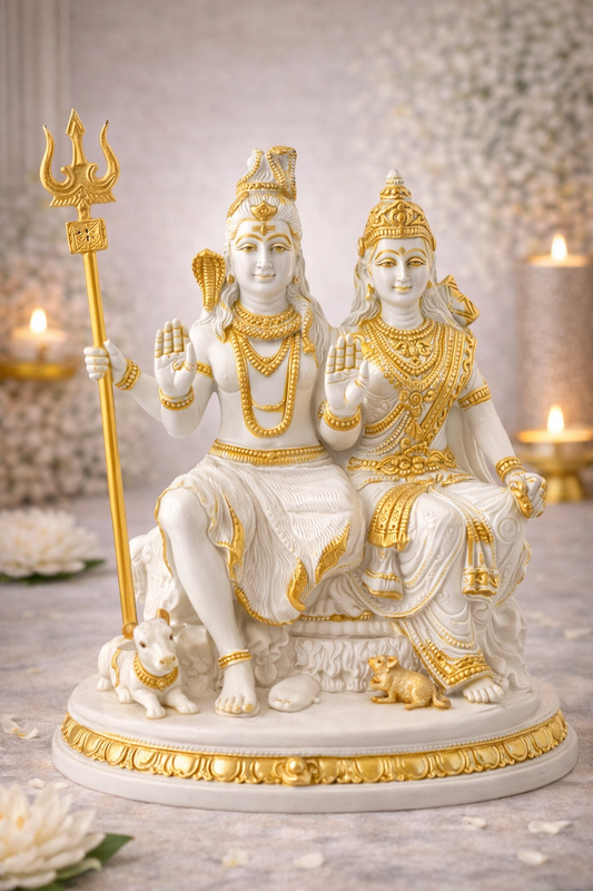 Lord Shiva Parvati Idol in White & Gold Finish – Divine Hindu God Statue for Home Mandir & Pooja Room
