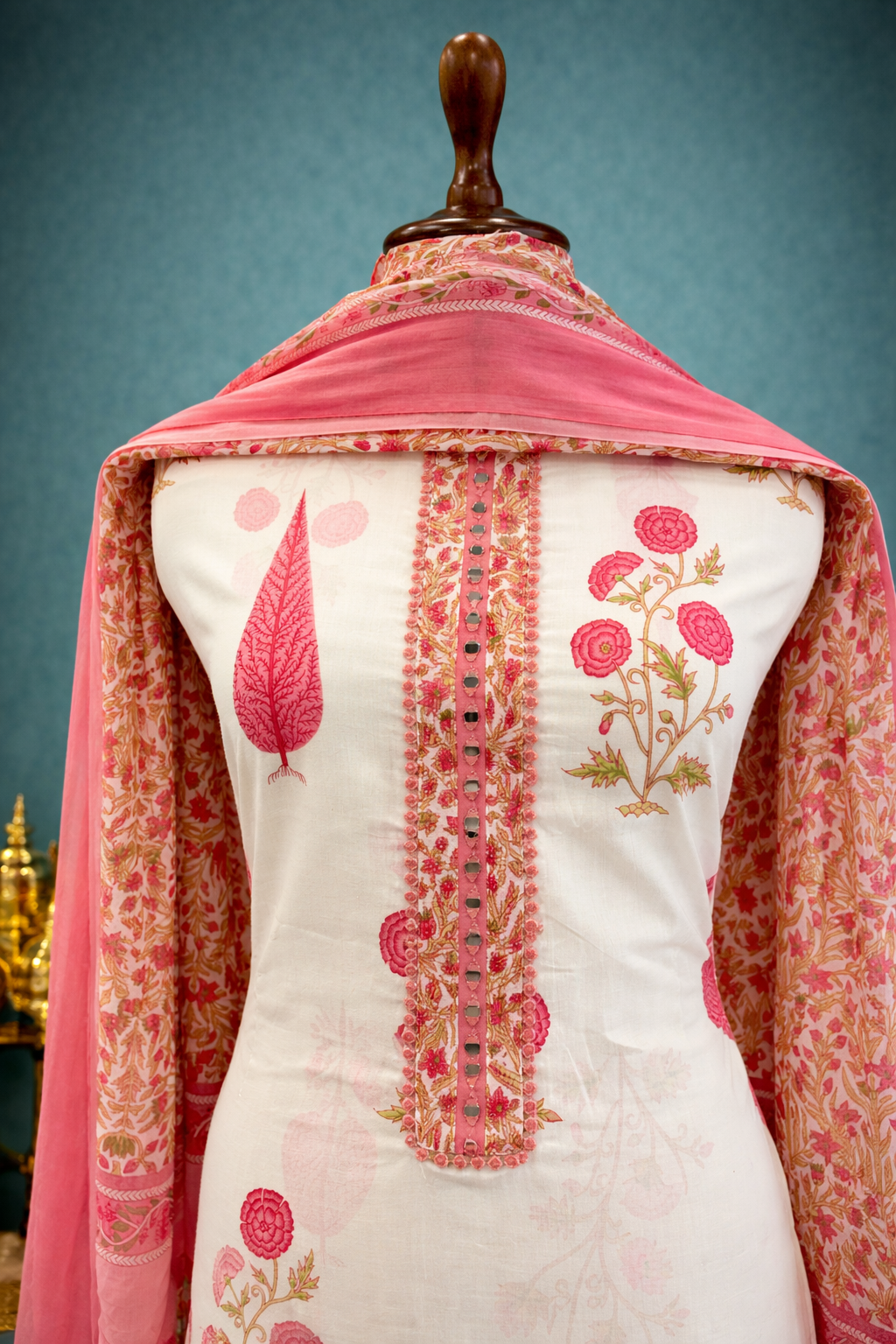 cream and pink designer suit set India pink printed outfit women