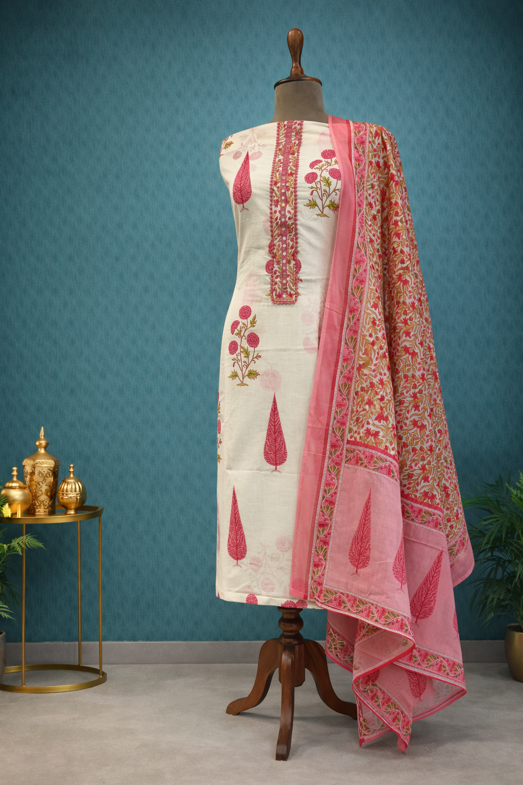 cream and pink designer suit set India designer suit set floral printed