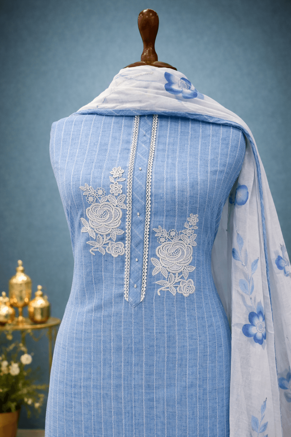 blue embroidered designer suit sett India minimal embroidered kurta dupatta