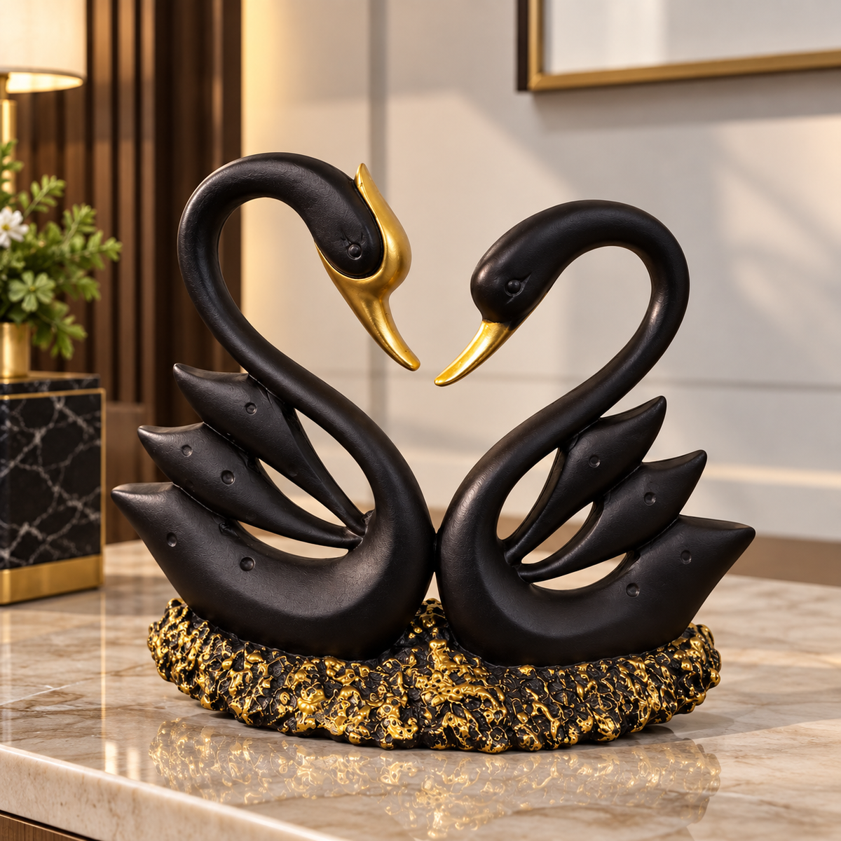 Elegant Black Swan Couple Showpiece