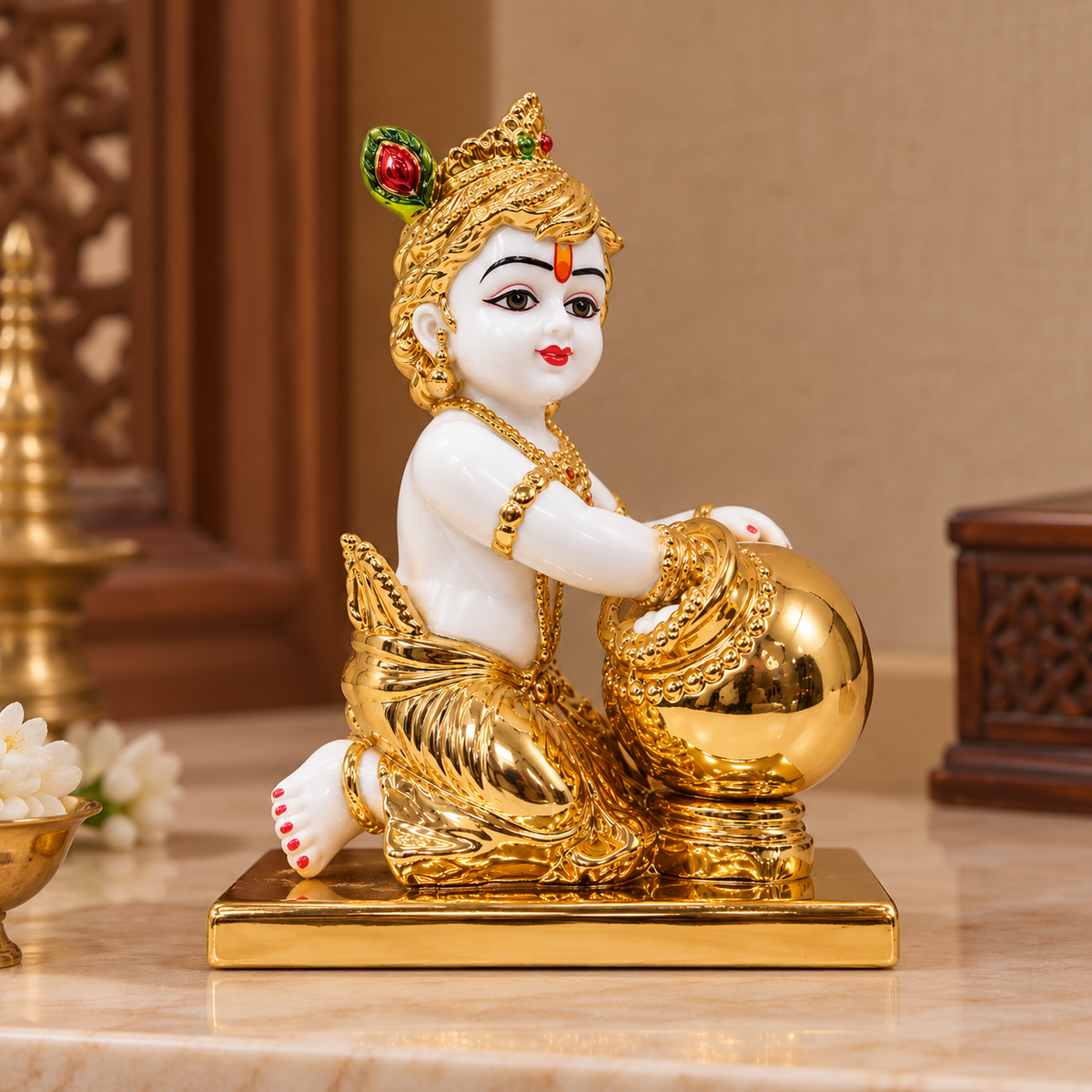 Handcrafted Laddu Gopal Krishna with Makhan Pot Idol for Home Temple