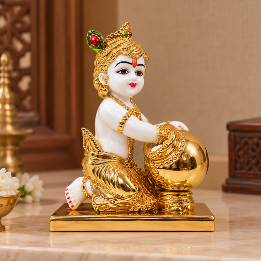 Handcrafted Laddu Gopal Krishna with Makhan Pot Idol for Home Temple