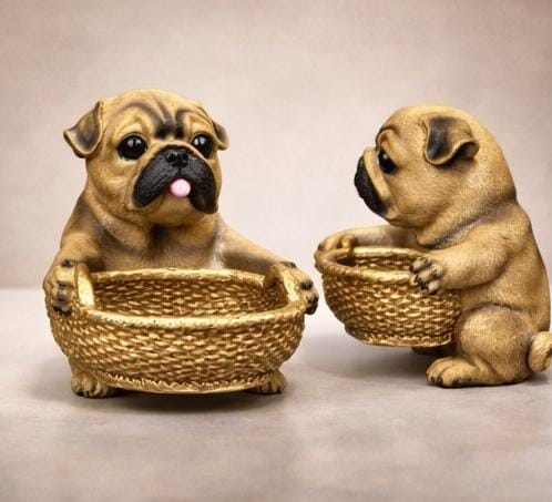 Cute Pug Dog Showpiece with Basket – Resin Animal Figurine Storage Tray for Home & Table Decor