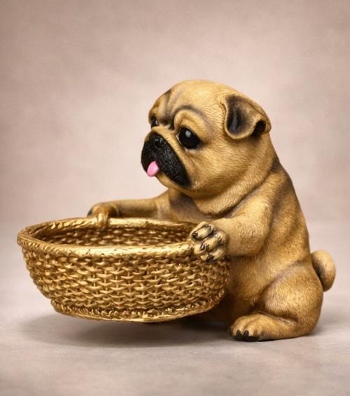Cute Pug Dog Showpiece with Basket – Resin Animal Figurine Storage Tray for Home & Table Decor