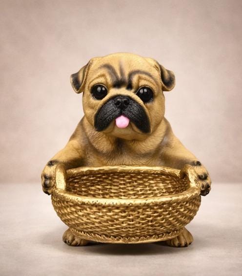 Cute Pug Dog Showpiece with Basket – Resin Animal Figurine Storage Tray for Home & Table Decor