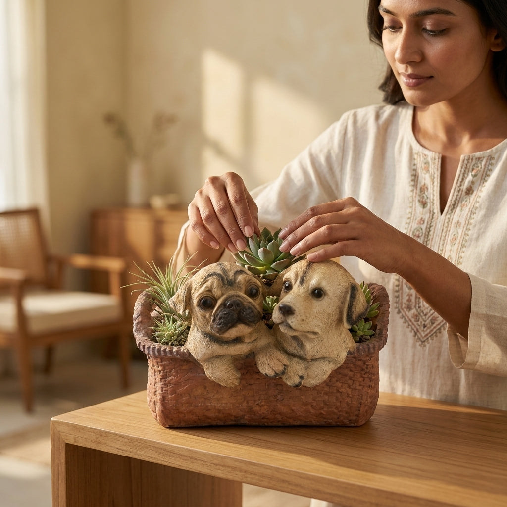 Cute dog figurine with basket for home decor India-Home Decor &Gifting