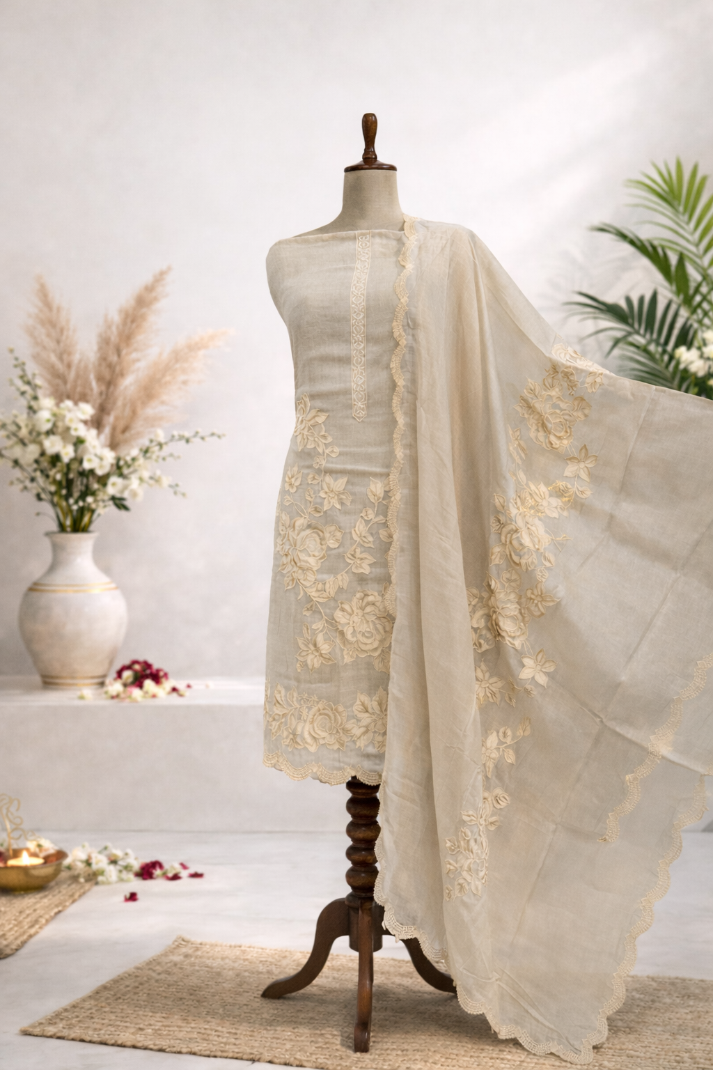 luxury designer beige embroidered designer suit set with dupatta India
