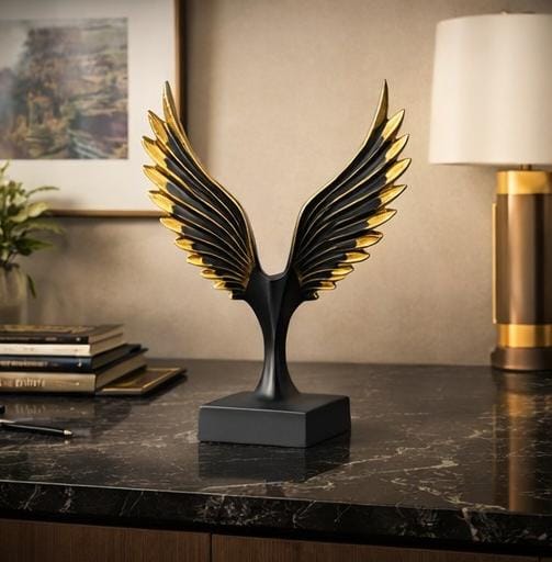 Luxury Black & Gold Angel Wings Sculpture – Modern Abstract Tabletop Showpiece for Home & Office Décor