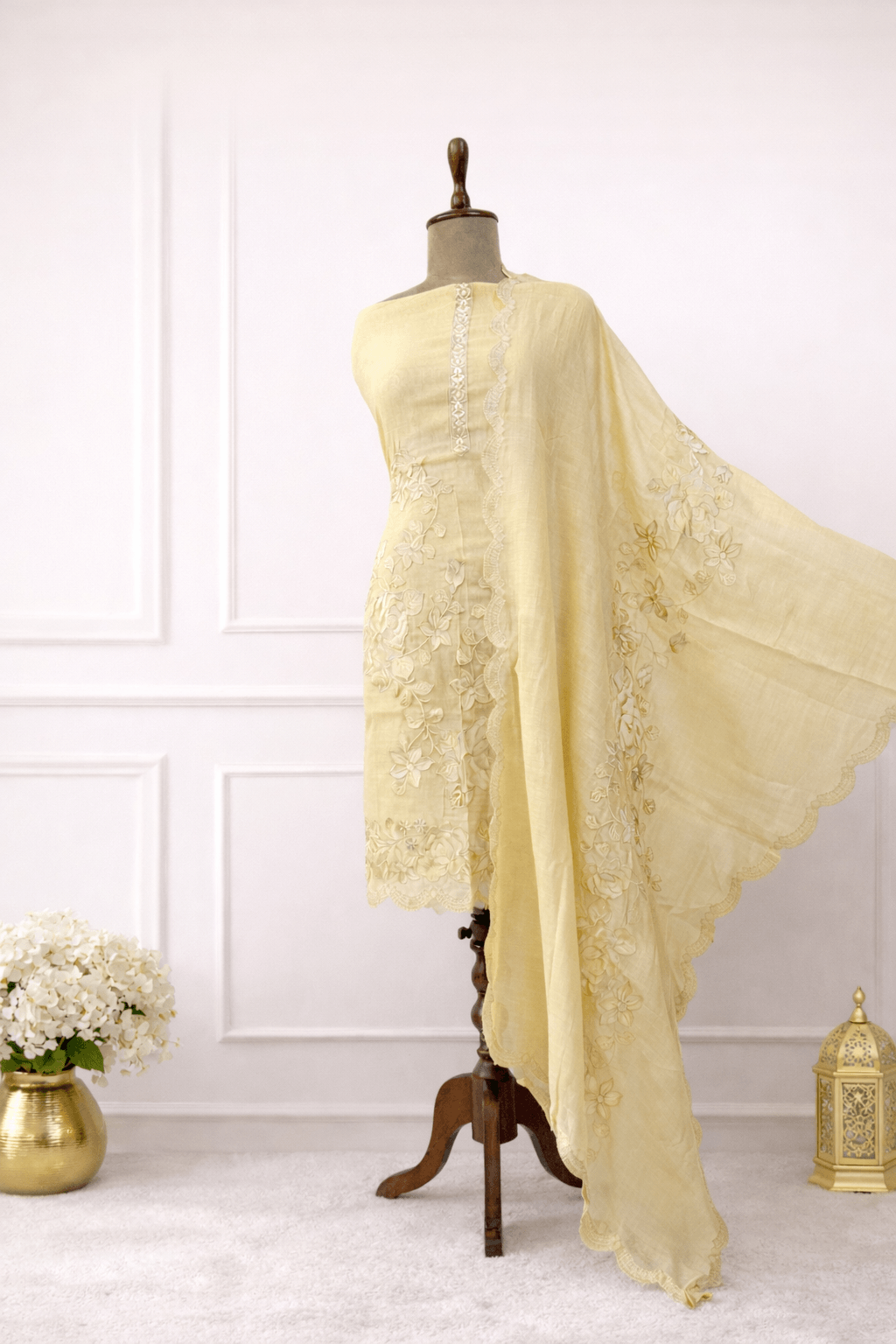 Yellow embroidered suit set with dupatta summer ethnic wear India