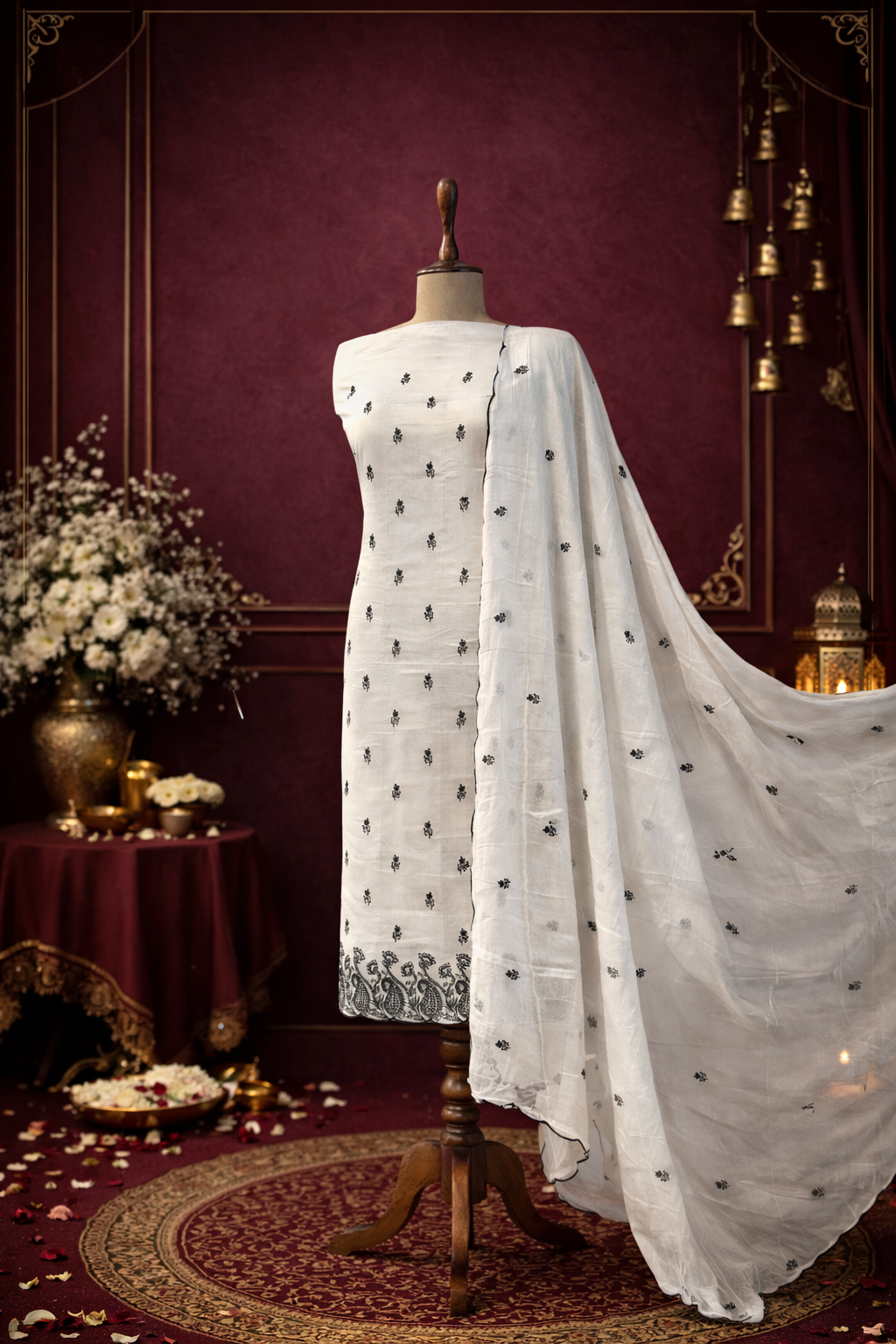 3 piece designer white embroidered designer suit set India