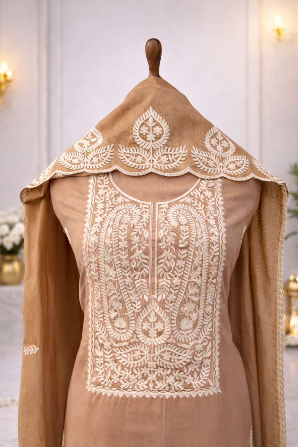 minimal unstitched suit set India beige embroidered designer suit set