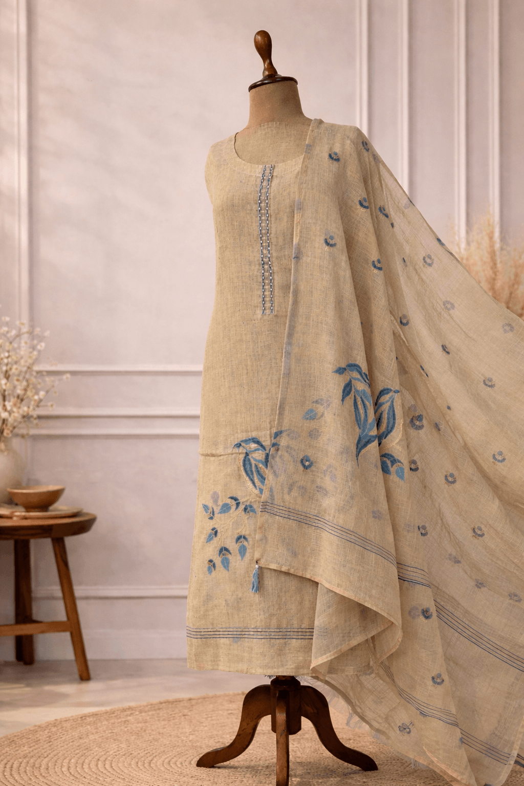 beige blue designer suit set women daily wear India