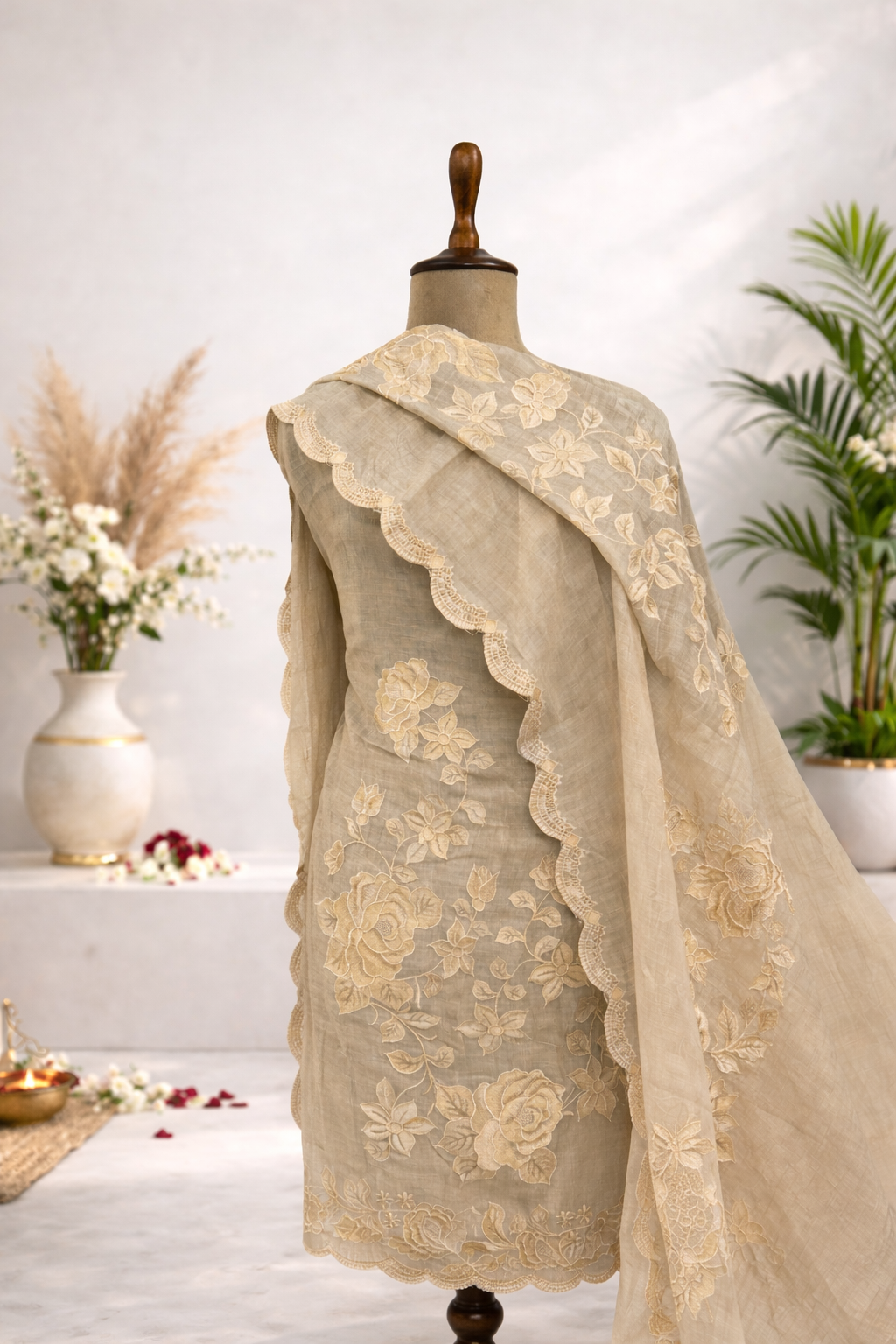 premium unstitched suit set beige embroidered designer suit set India wedding wear