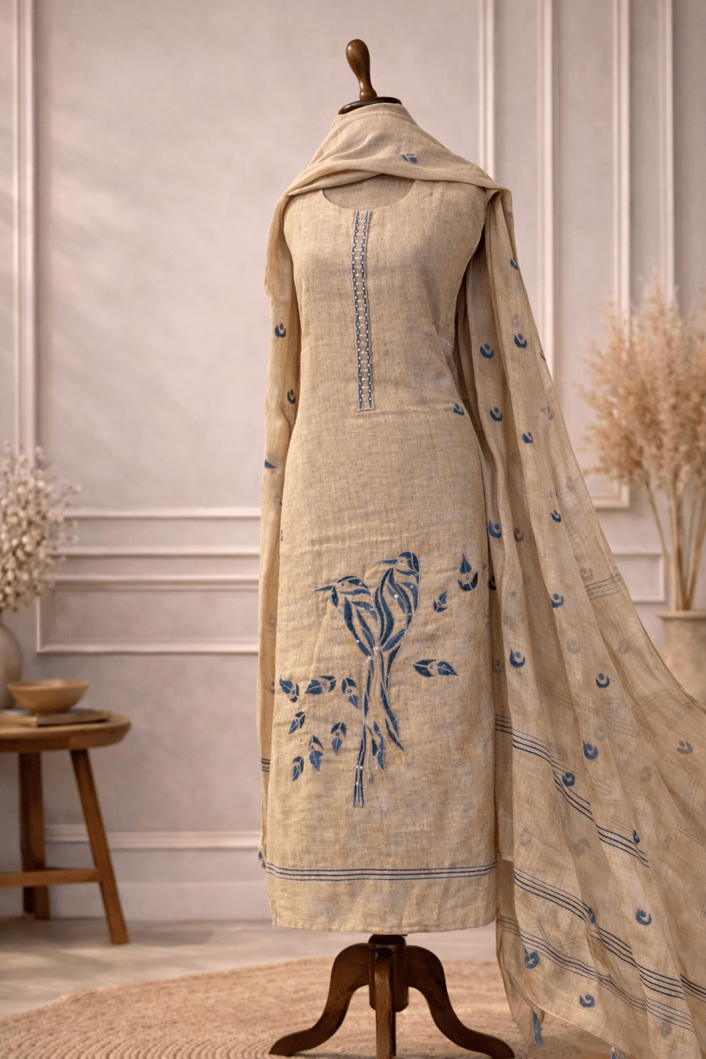 beige blue designer suit set with dupatta office wear ethnic India