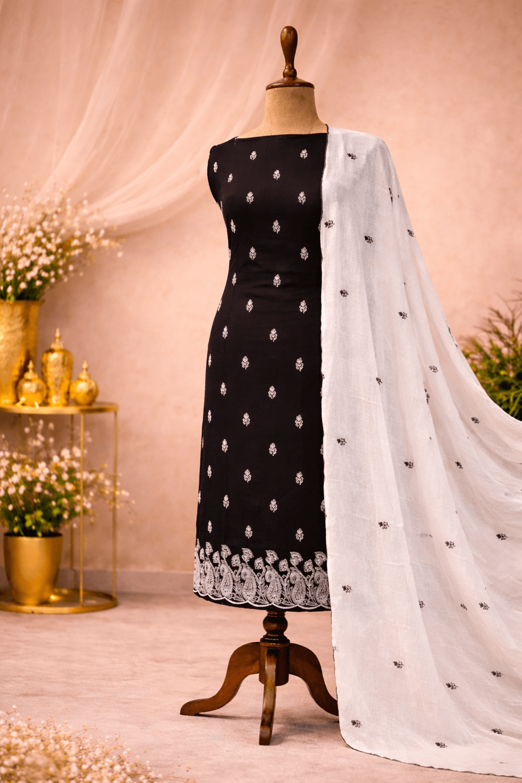 black and white embroidered suit set with dupatta premium ethnic wear India