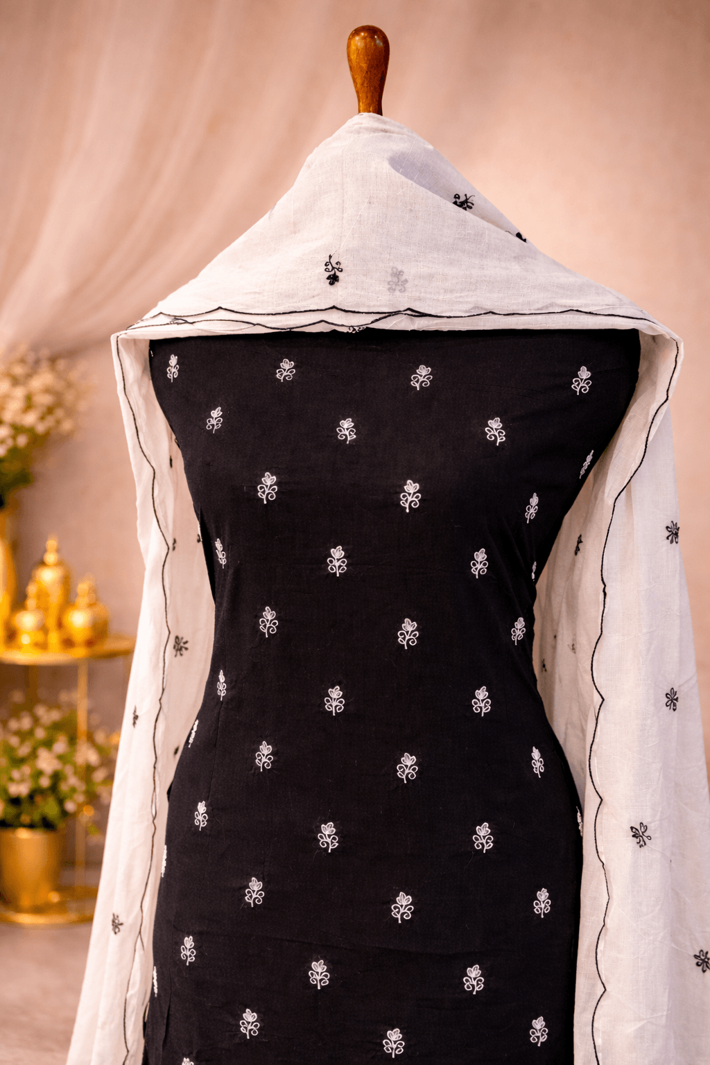 unstitched black and white embroidered suit set for women India