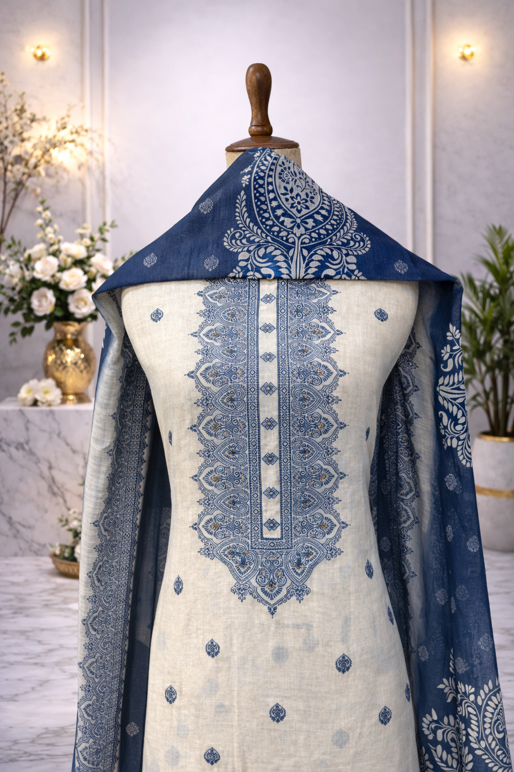3 piece suit set women ethnic wear India cream blue embroidered suit set