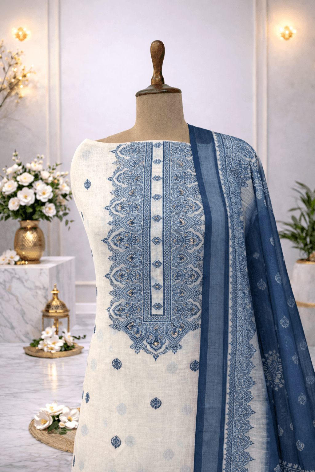 cream blue embroidered suit set for women India