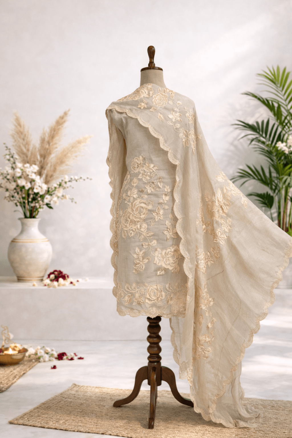 beige embroidered designer suit set with dupatta luxury ethnic wear India
