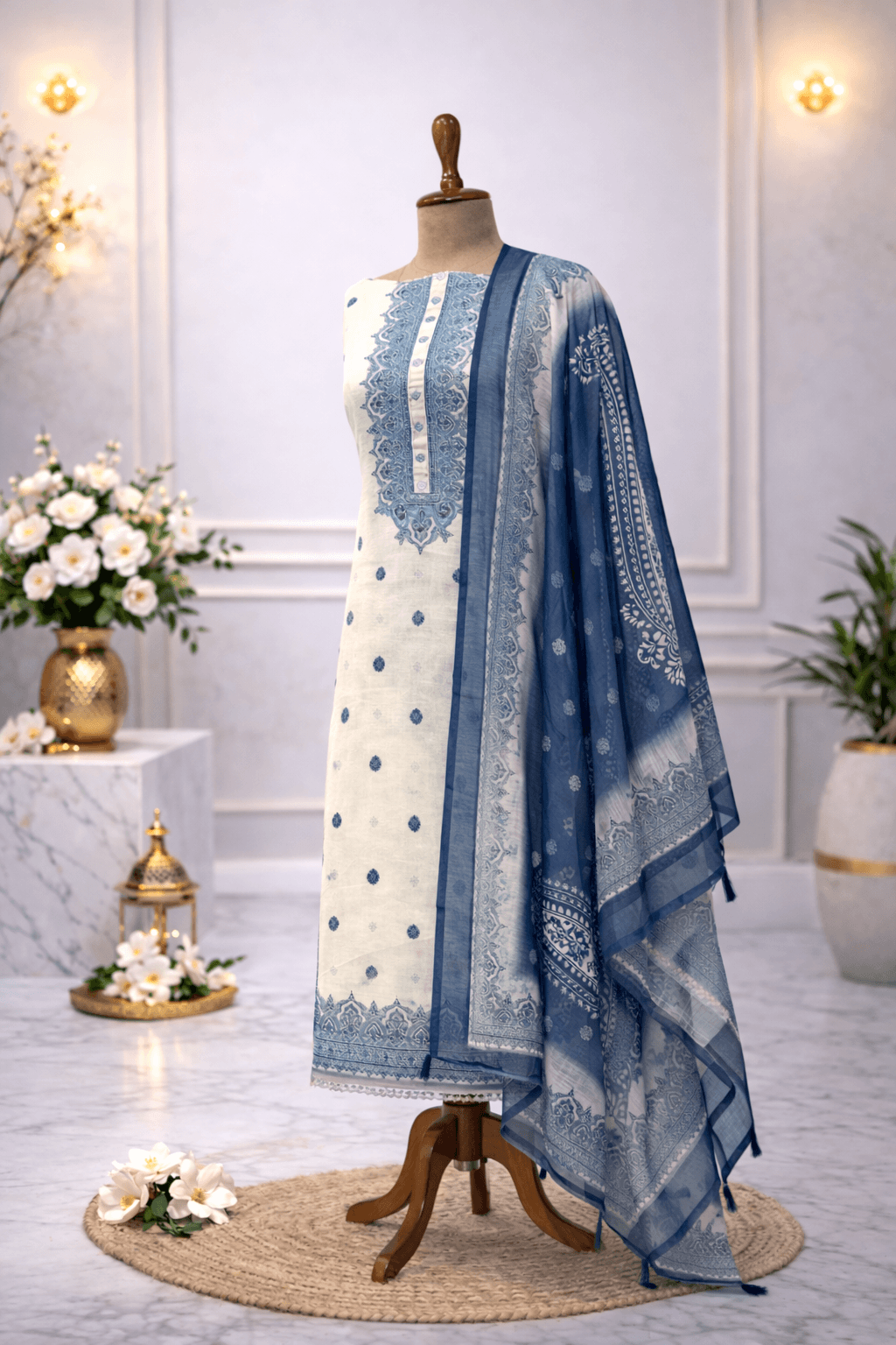 cream blue embroidered suit set with dupatta premium ethnic wear India