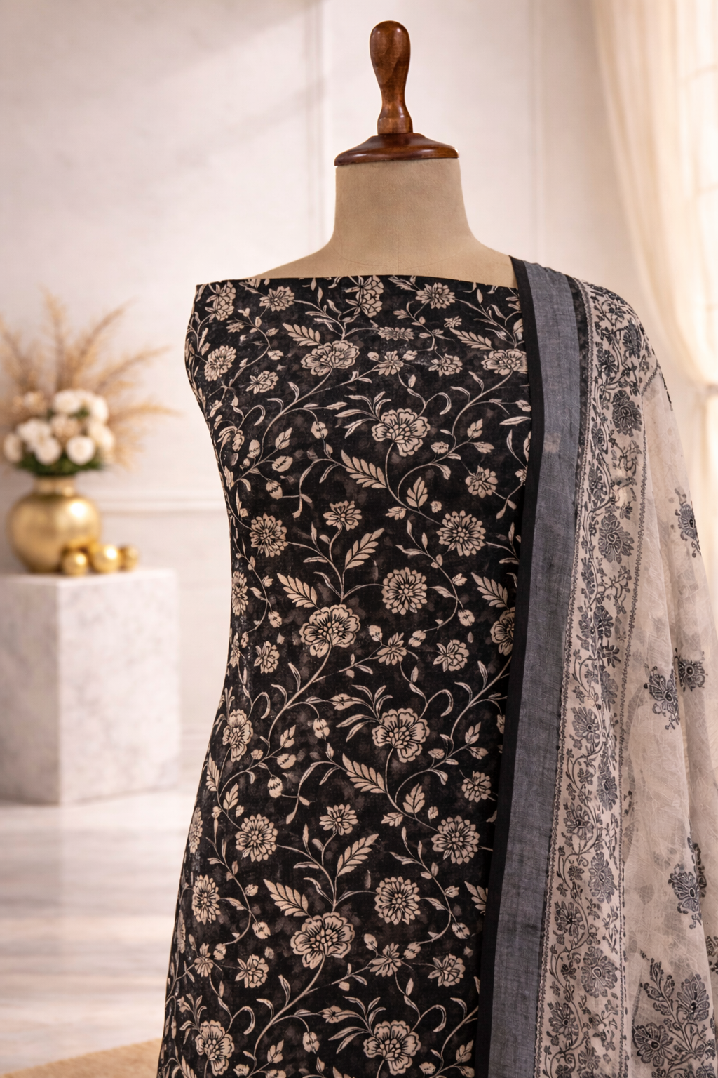 minimal ethnic suit set India black ivory floral designer suit set