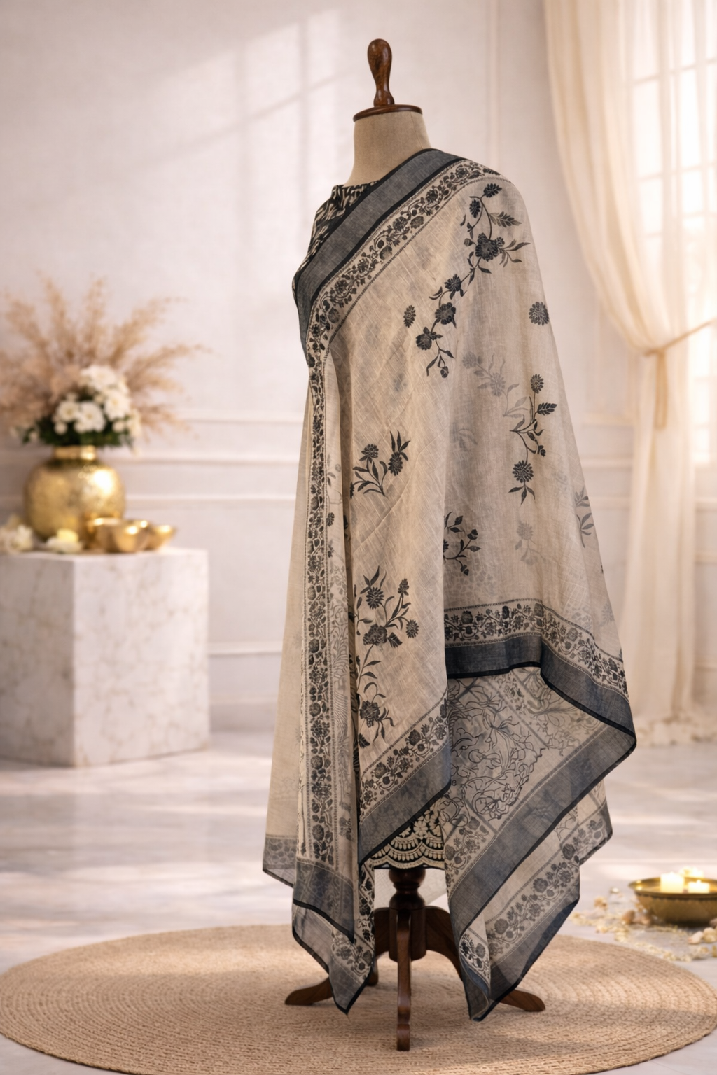 lightweight unstitched black ivory floral designer suit set India elegant wear