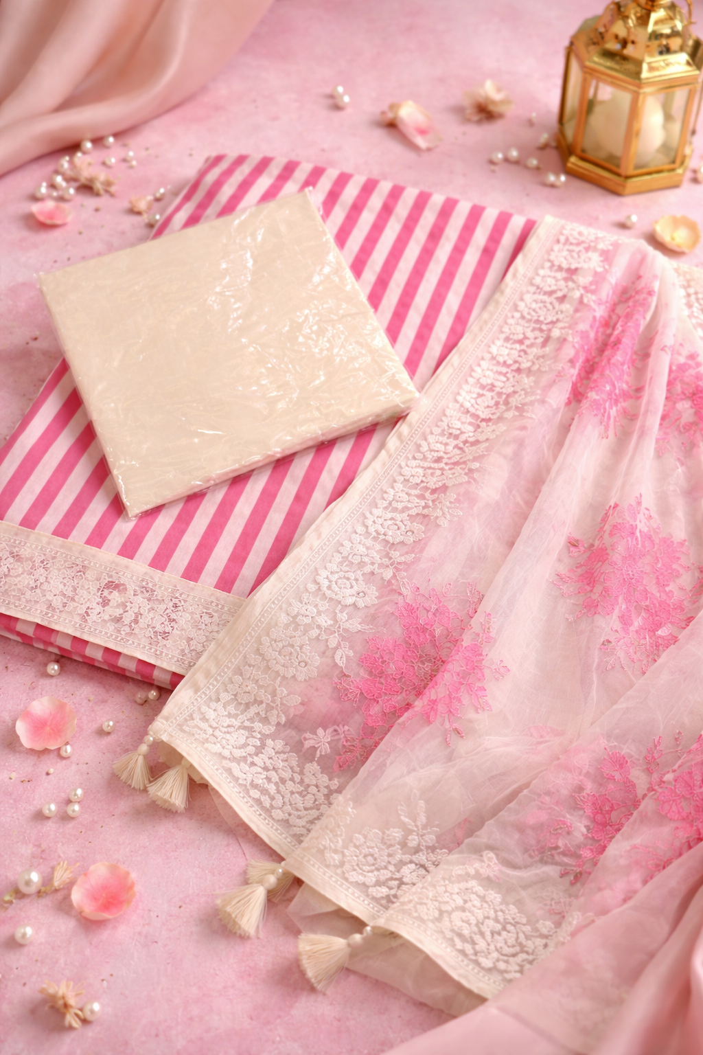 lightweight summer ethnic suit set India women pink and white striped suit set