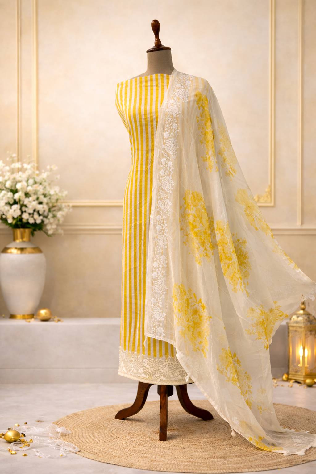 designer yellow striped designer suit set with dupatta India