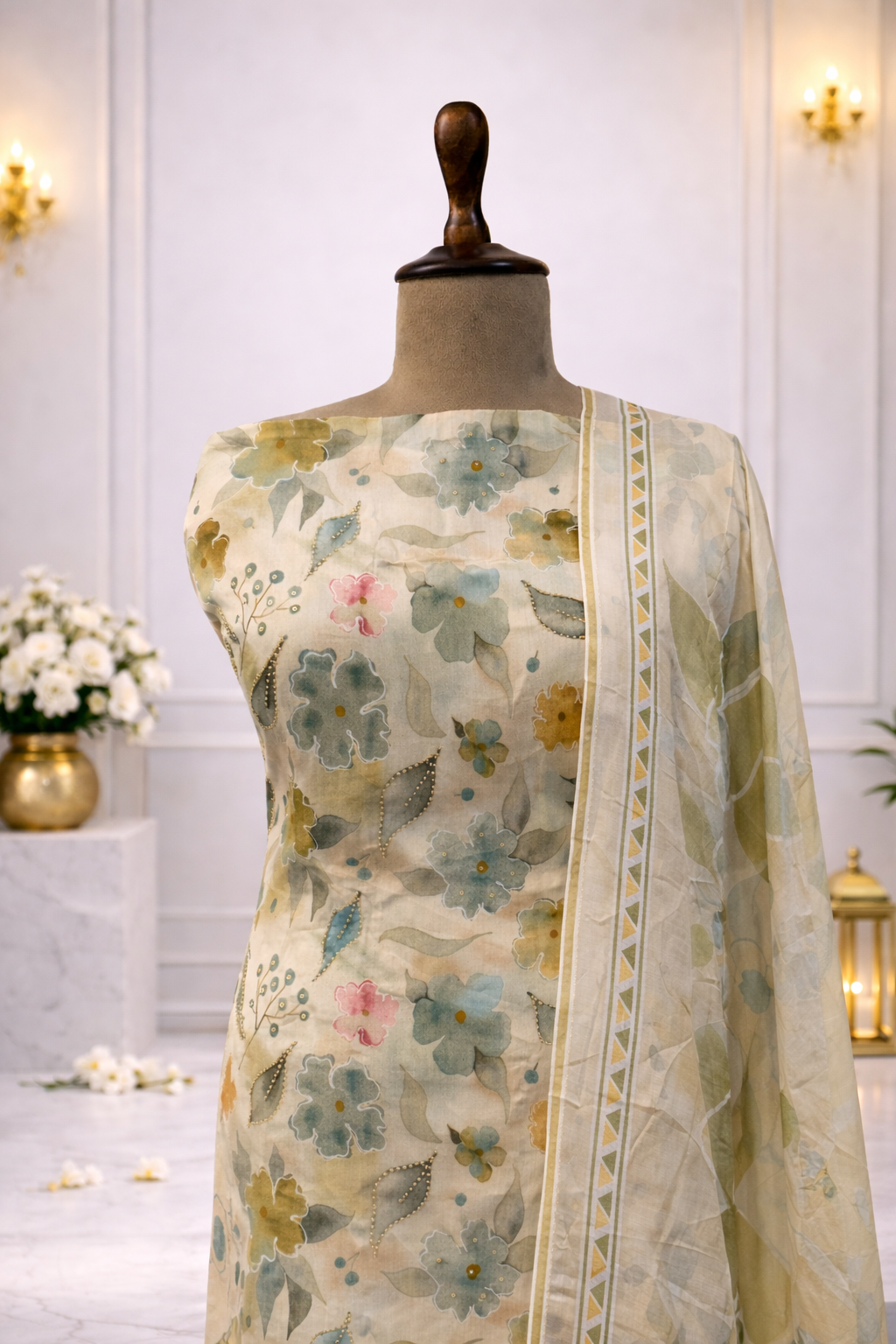designer sage green floral suit set India sage green with dupatta