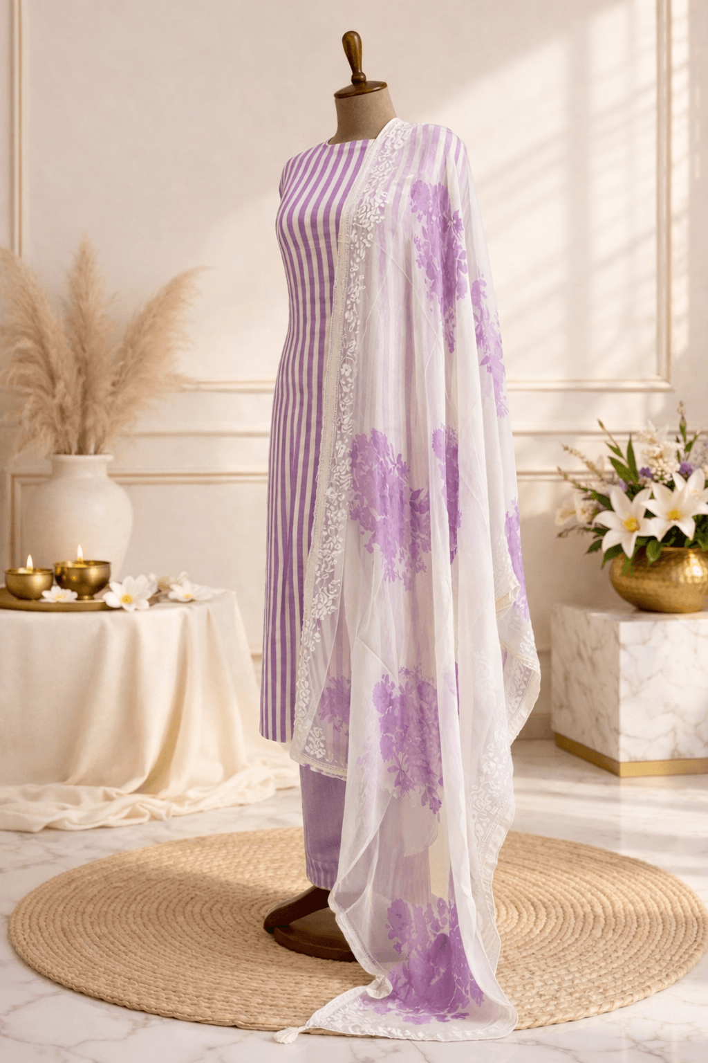 lavender striped designer suit set women India summer wear