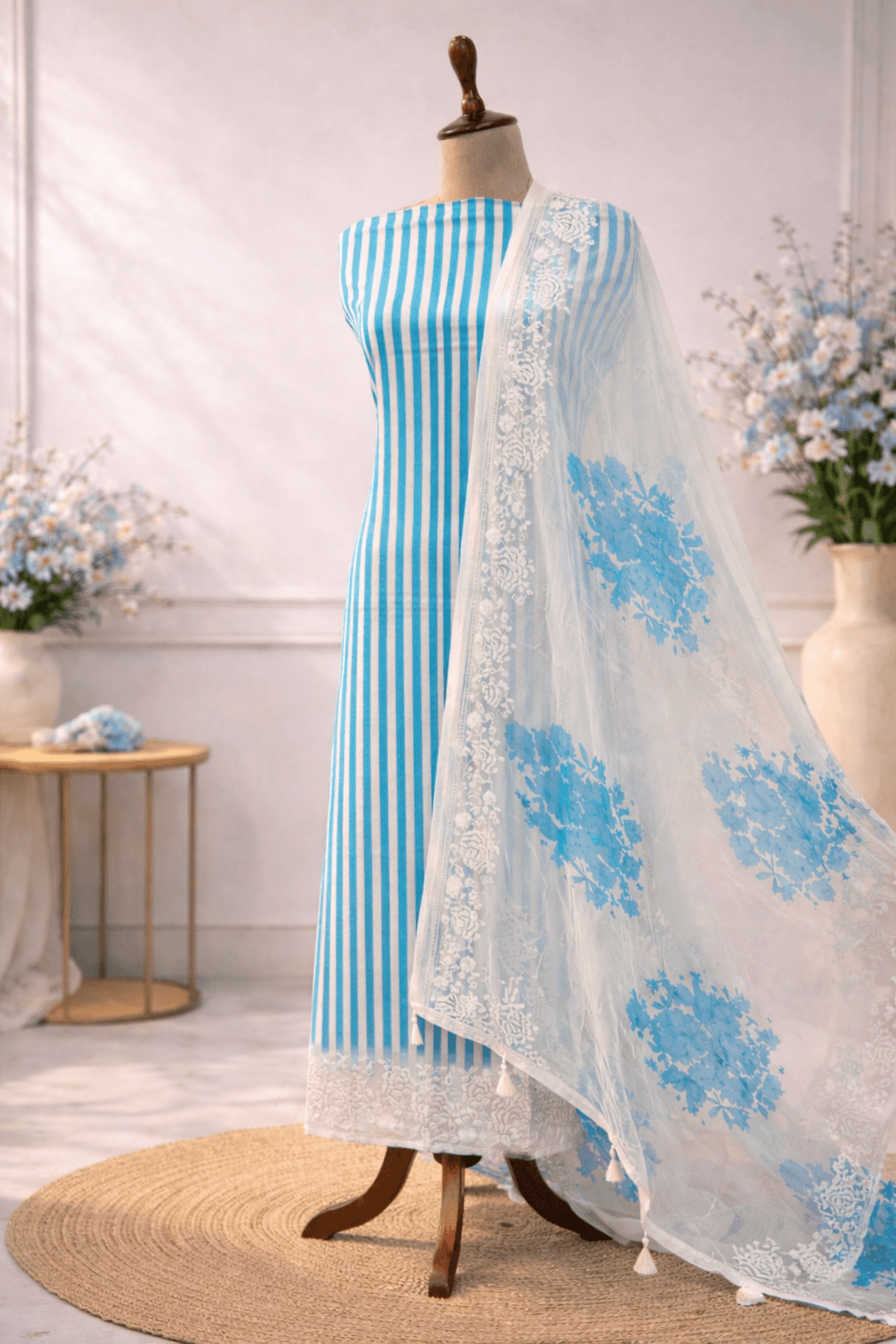 Blue striped designer suit set with floral dupatta summer ethnic wear India