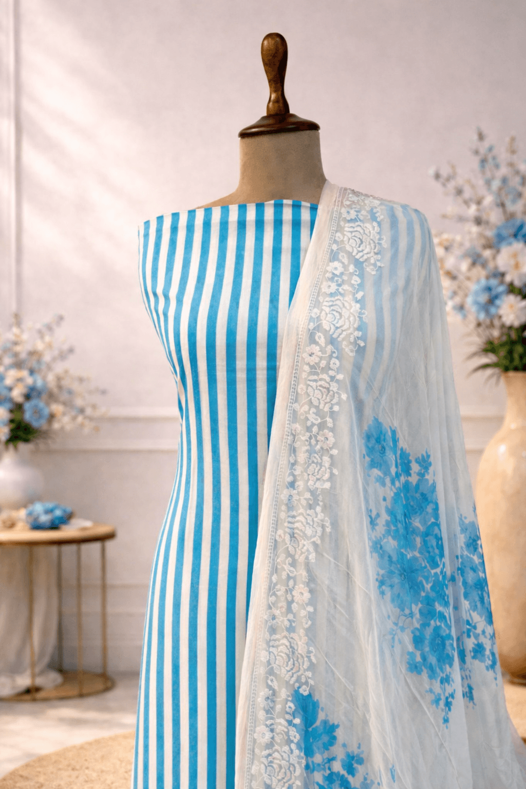Blue striped designer suit set women India cotton summer wear
