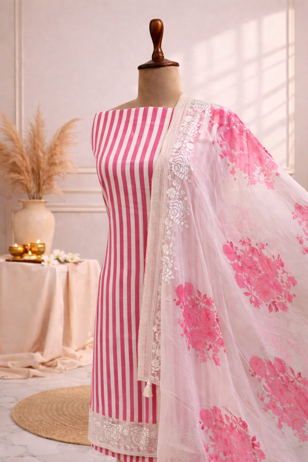 designer pink and white striped suit set with dupatta India