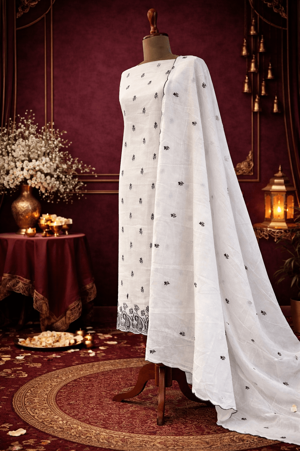 white embroidered designer suit set with dupatta premium ethnic wear India