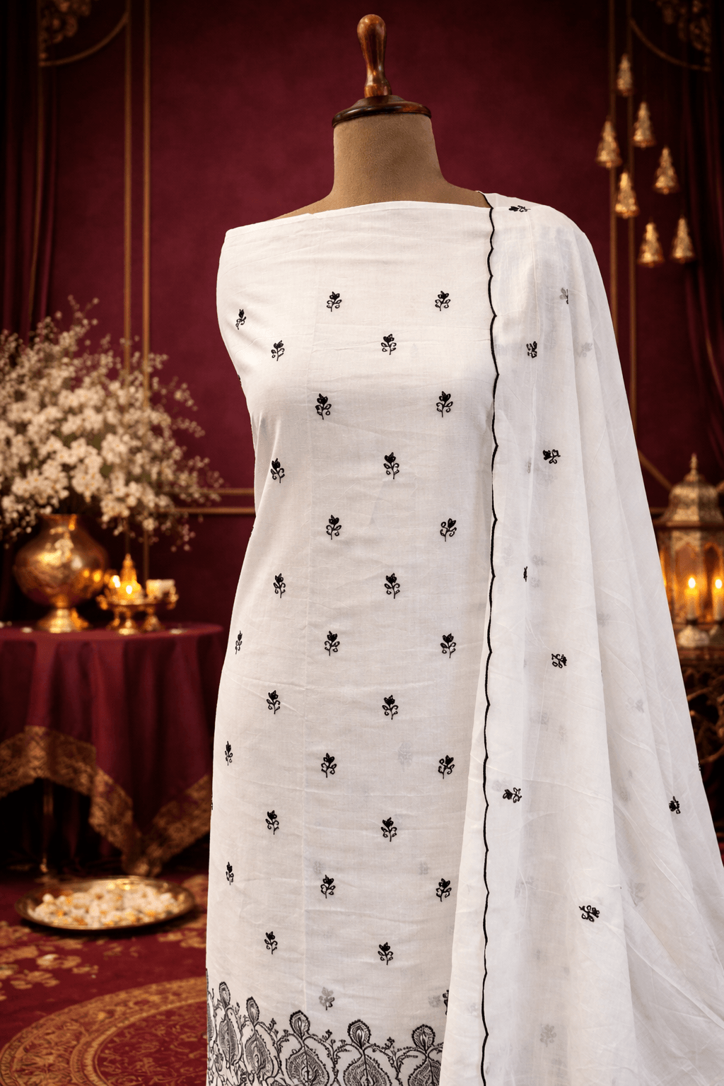 white embroidered designer suit set for women India