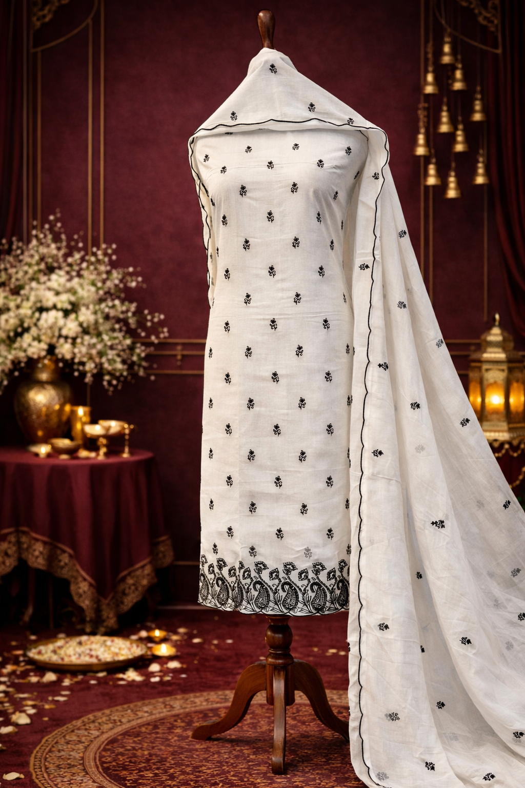 premium ethnic wear white embroidered designer suit set India