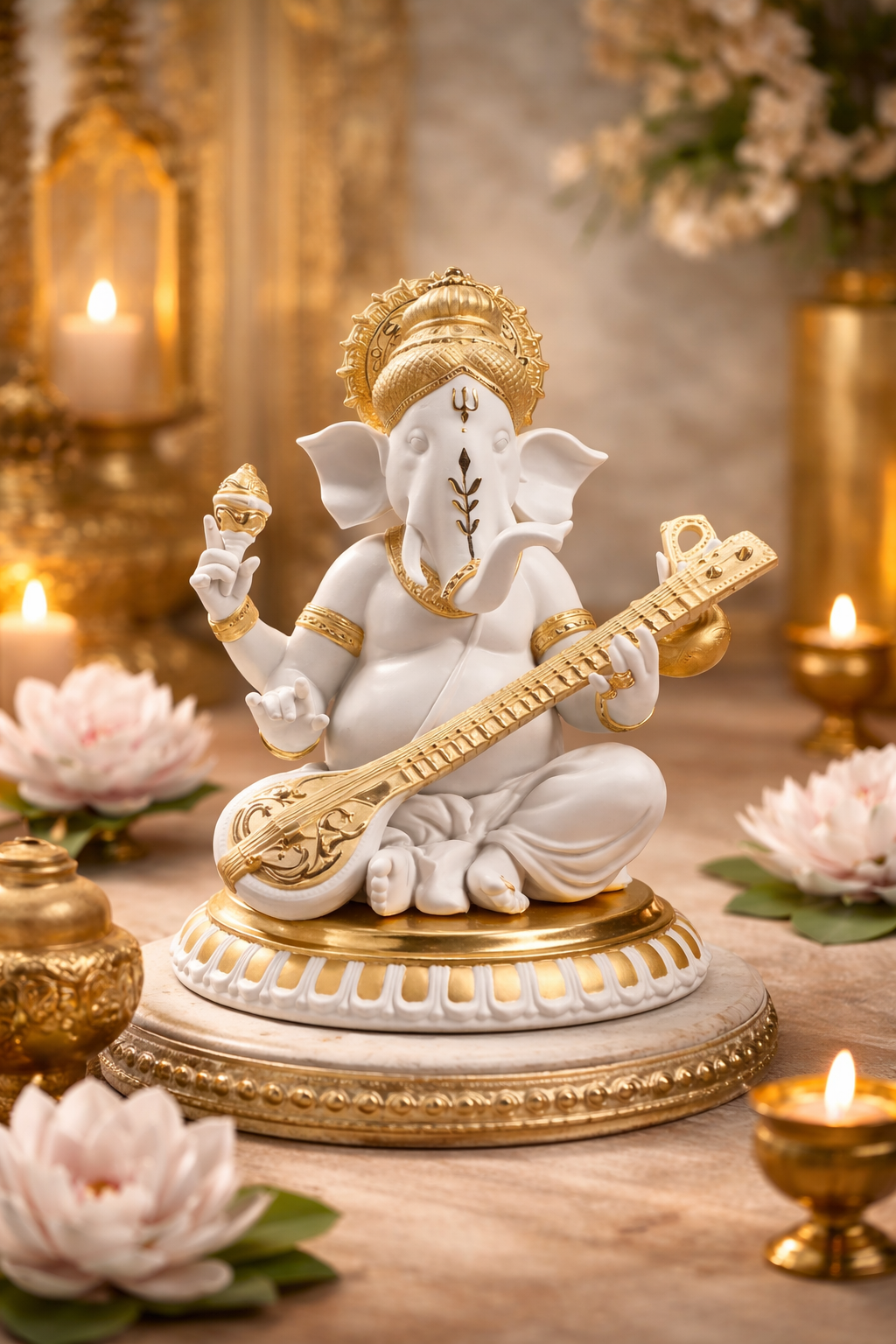 White & Gold Ganesha Statue – Premium Ganpati Idol for Home Decor & Mandir