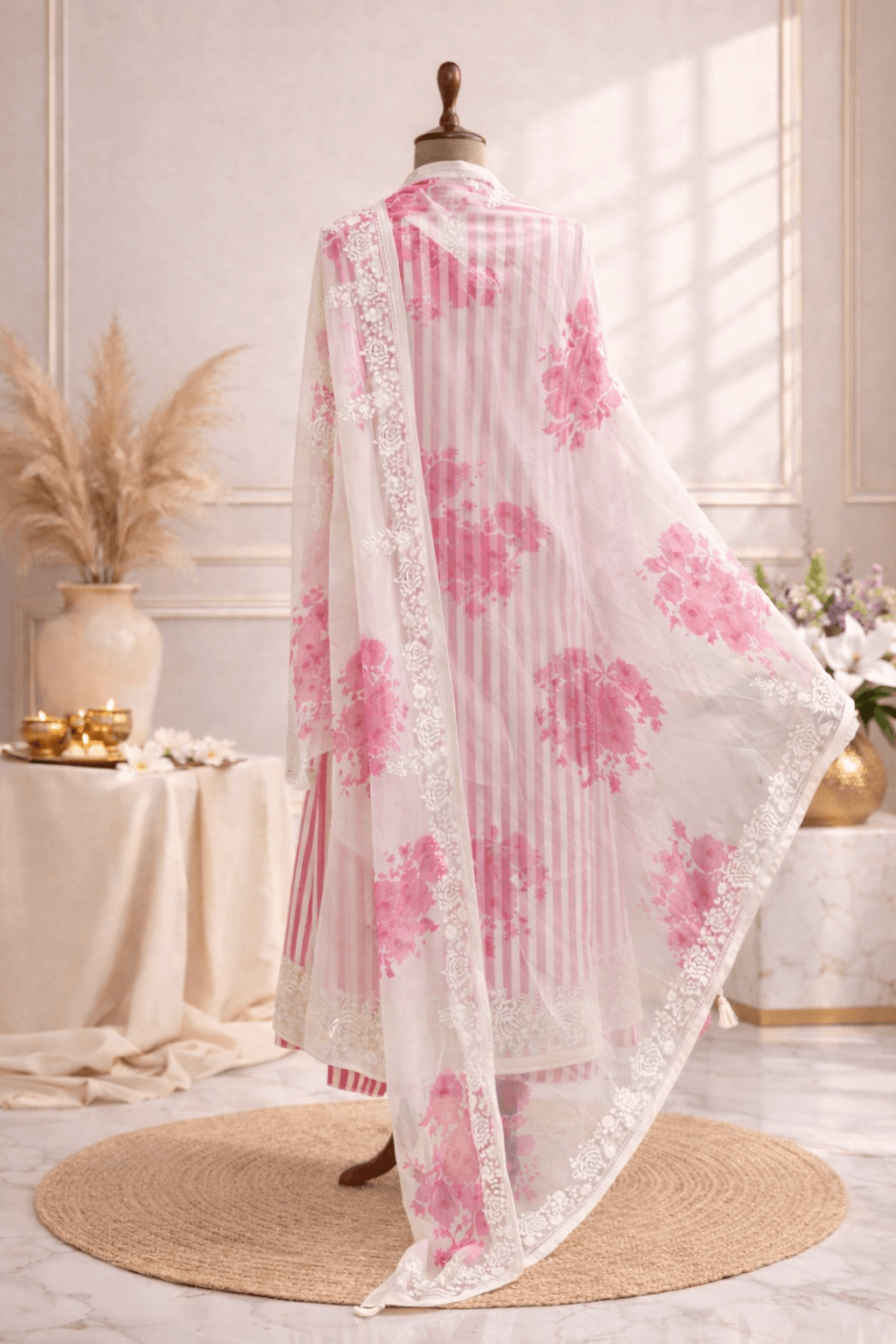 pink and white striped suit set women India cotton summer wear
