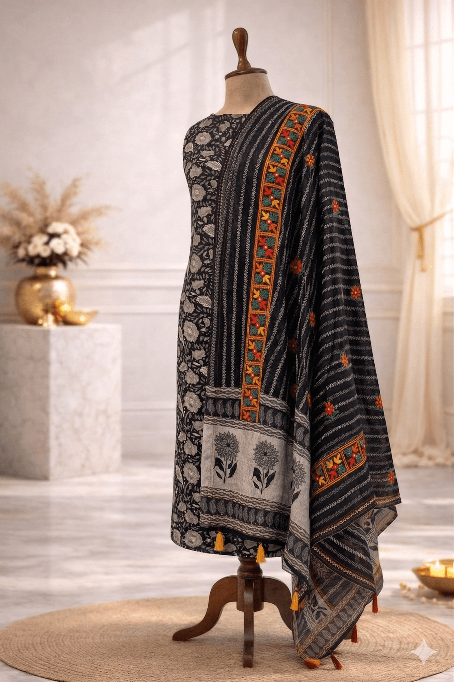 black floral designer suit set with embroidered dupatta festive ethnic wear India