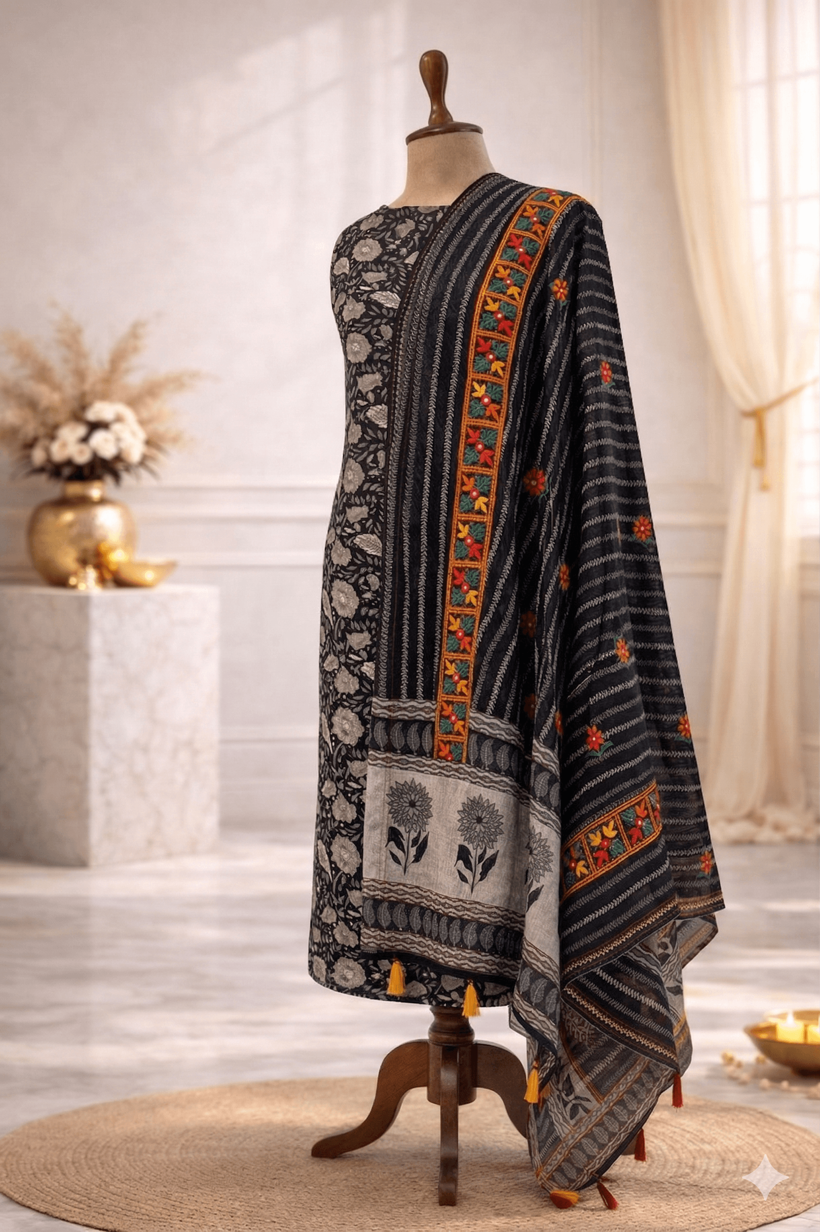 black floral designer suit set with embroidered dupatta festive ethnic wear India