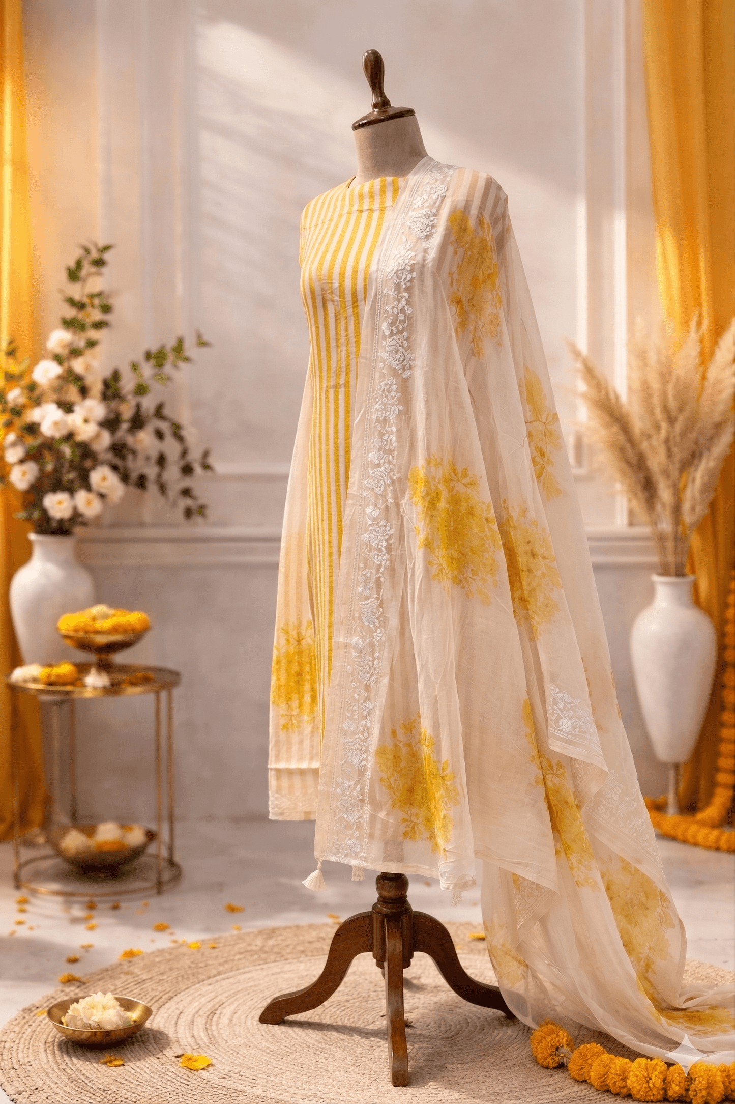 yellow striped designer suit set with floral dupatta haldi outfit ethnic wear India