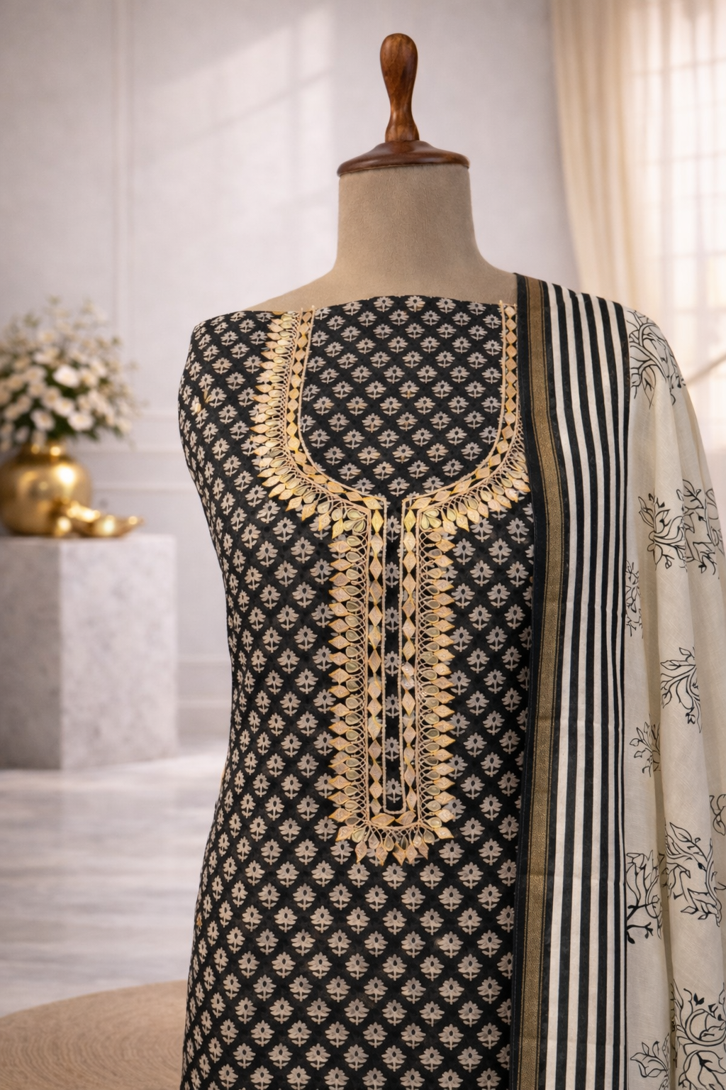 black and white embroidered suit set with dupatta India designer wear