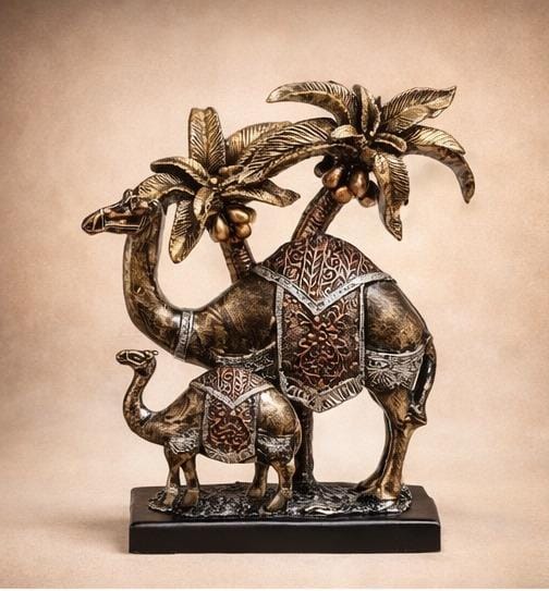 Royal Camel Family Showpiece with Palm Tree – Premium Home Décor Sculpture