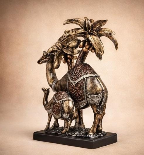 Royal Camel Family Showpiece with Palm Tree – Premium Home Décor Sculpture