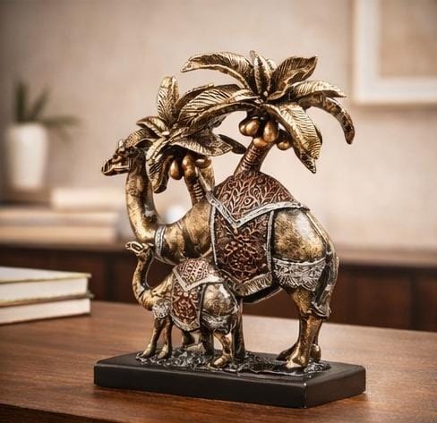 Royal Camel Family Showpiece with Palm Tree – Premium Home Décor Sculpture
