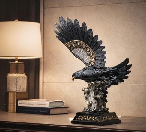 Luxury Black & Gold Eagle Statue – Crystal Wing Decorative Figurine for Home & Office Décor