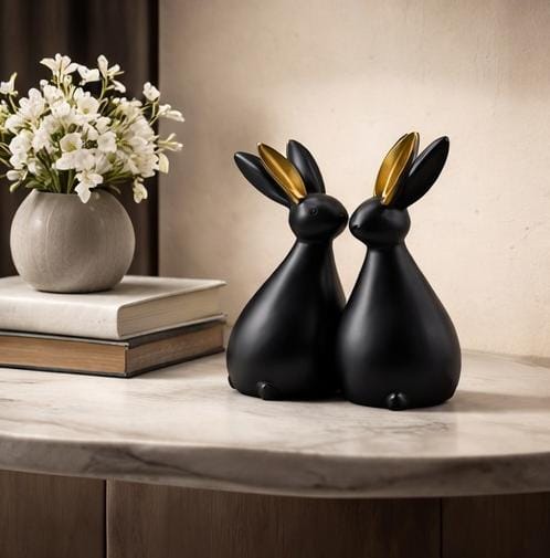 Modern Black & Gold Rabbit Figurines Set – Luxury Ceramic Bunny Sculpture for Home Decor, Living Room, Office & Gift