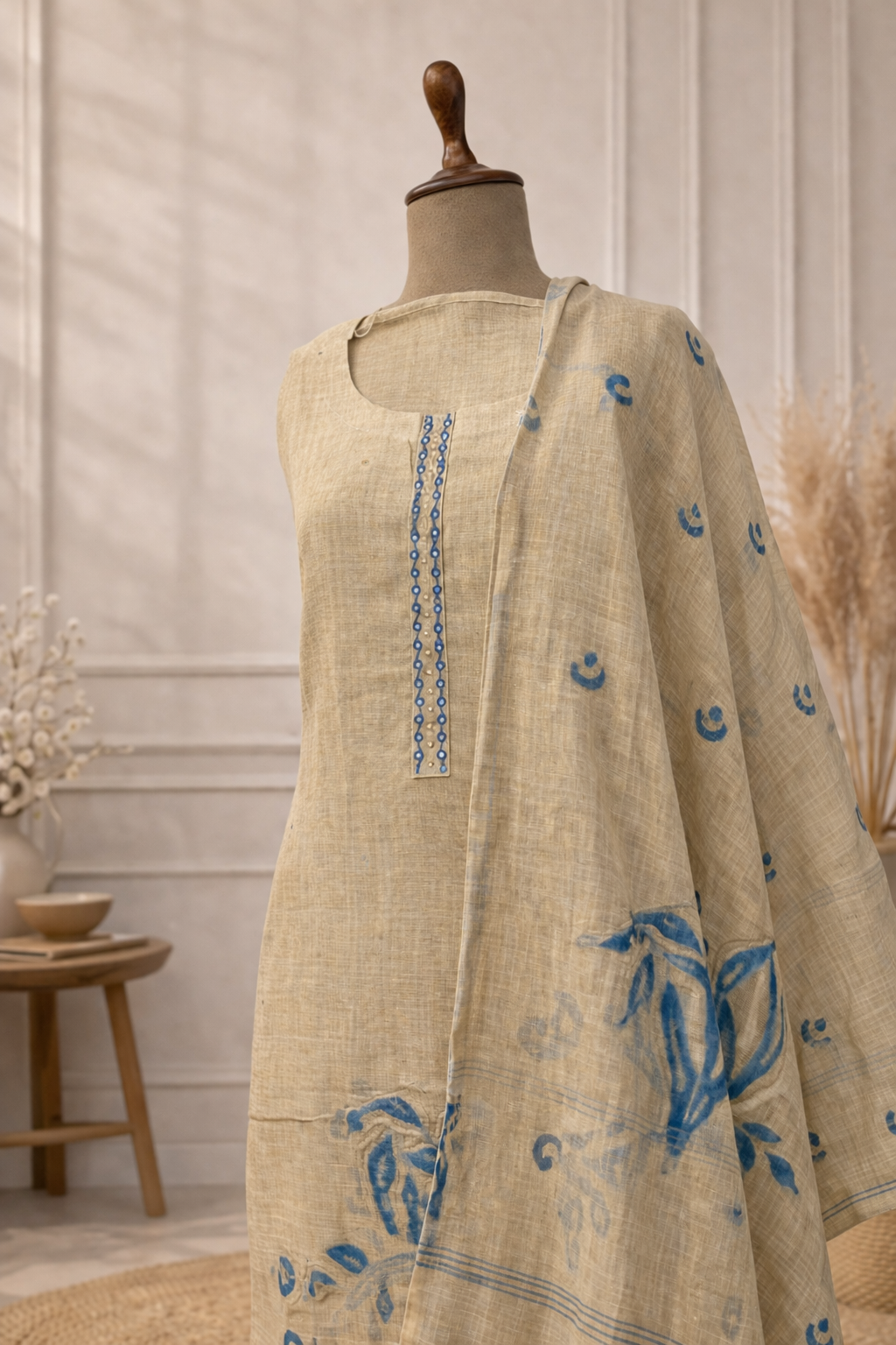 office wear kurta set with dupatta India beige blue designer suit set